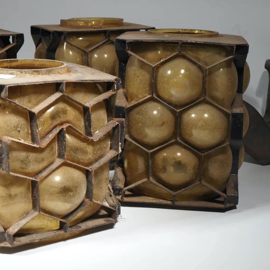 Four Honeycomb Metal & Bubble Glass Lanterns. Circa 1960s. & Crackle Glass Spherical Lamp Shade Image 1++