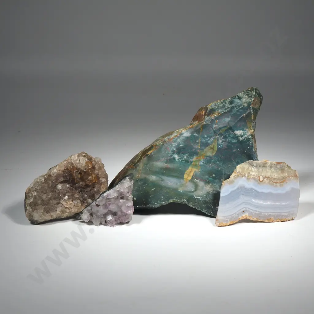 Collection Of Rocks To Include  a Large Green Stone, Amethyst, Agate & Crystal Image 1++