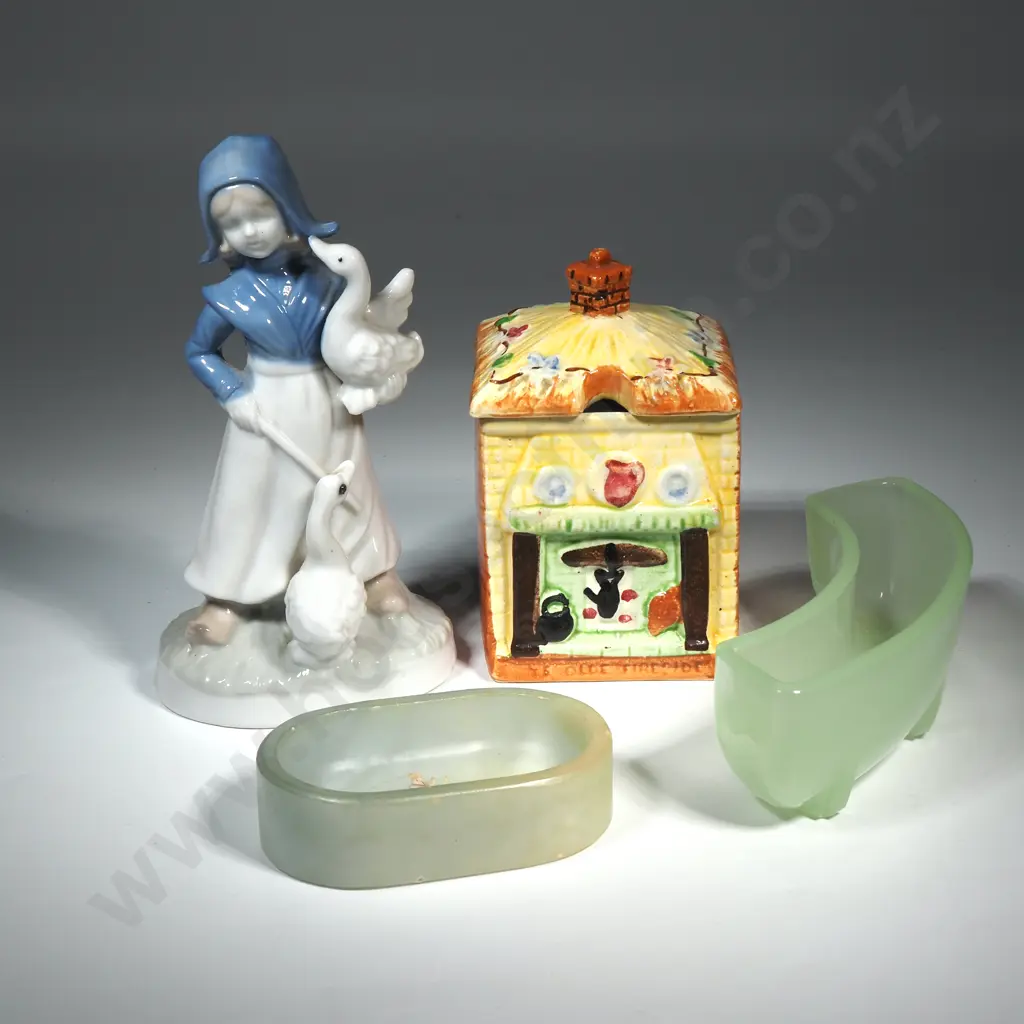 Small Green Glass Trough Vase,  Small Alabaster Dish, Price Bros. China Jam Jar In The Form Of A Cottage & Blue & White  Image 1++