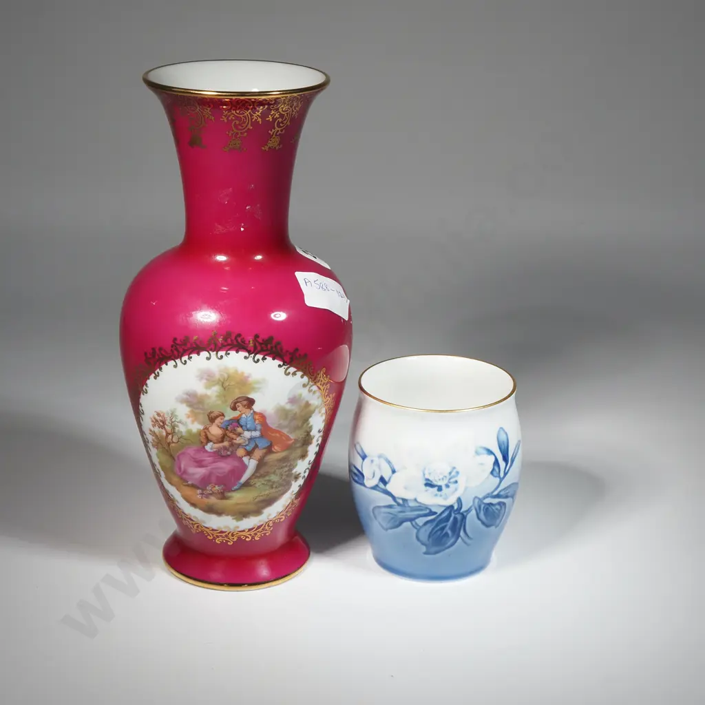 Large Crimson Limoges Vase w Fragonard Courting Couple Decoration & Copenhagen Vase  w Floral Decoration Image 1++
