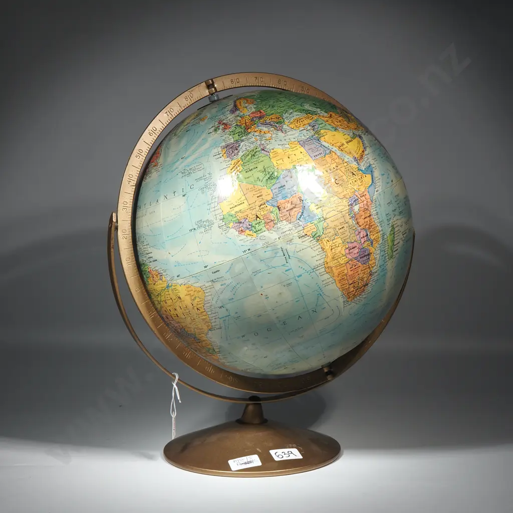 Vintage Replogle Globe Land And Sea In Raised Relief w Metal Stand. Image 1++