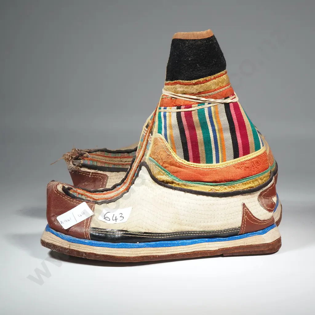 Pair Of Vintage Tibetan Boots Featuring Colourful Striped Embroidered Fabric & Leather Details.  Image 1++