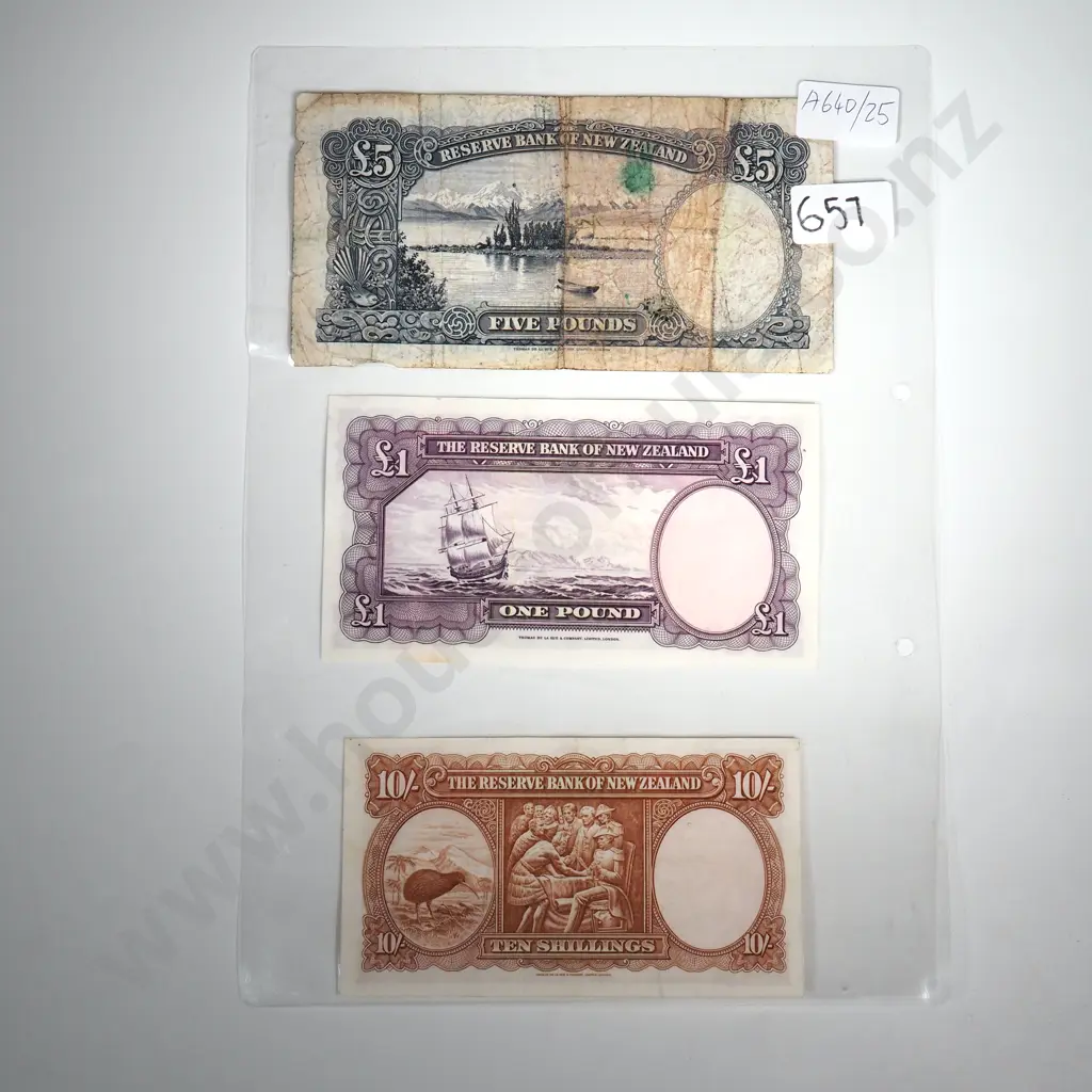 New Zealand 10 Shilling, One & Five Pound Banknotes - Laminated  Image 1++