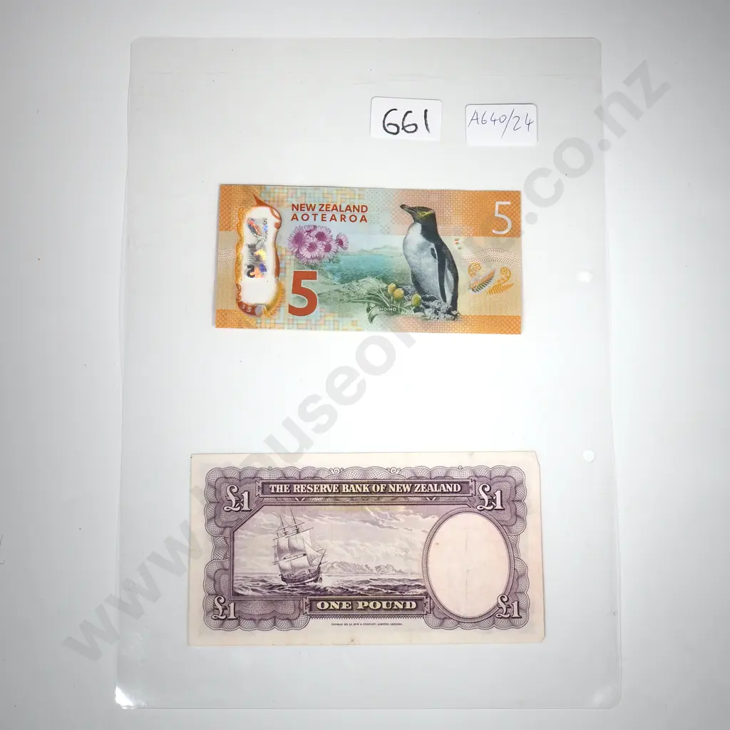New Zealand Five Dollar & One Pound Banknotes - Laminated  Image 1++