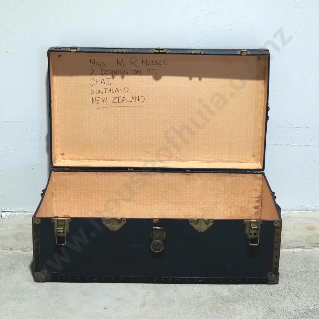 Vintage Blue Steamer Trunk with Metal Mounts Image 1++
