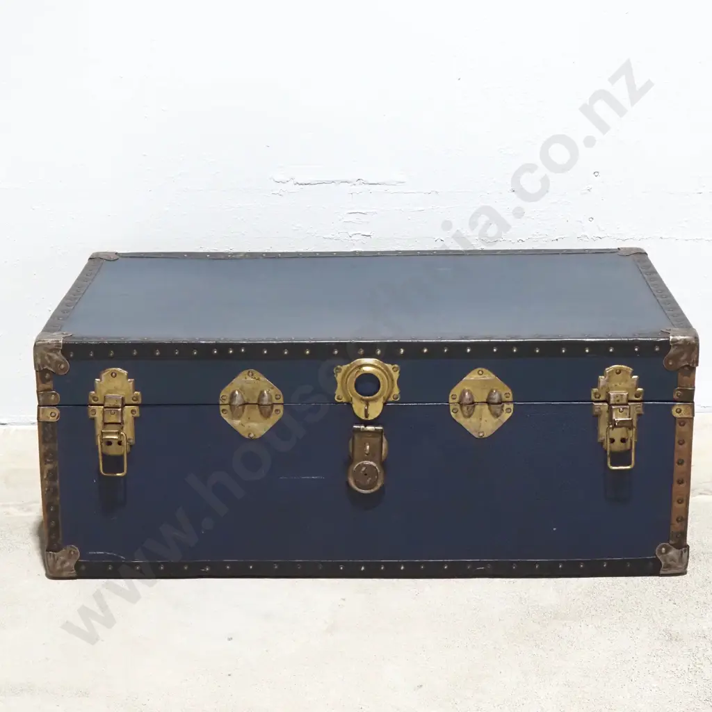 Vintage Blue Steamer Trunk with Metal Mounts Image 1++