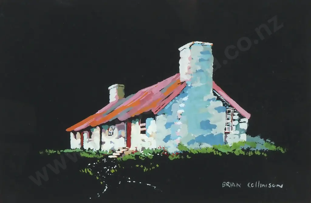Brian Collinson - Morven Hills Station "Taras" - Water Colour & Gouache on Black Ground - 175mm X 260mm, Signed Image 1++