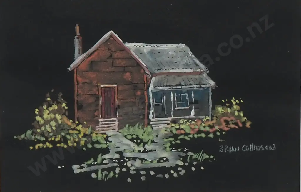 Brian Collinson - Cabin - Water Colour & Gouache on Black Ground - 175mm X 260mm, Signed Image 1++