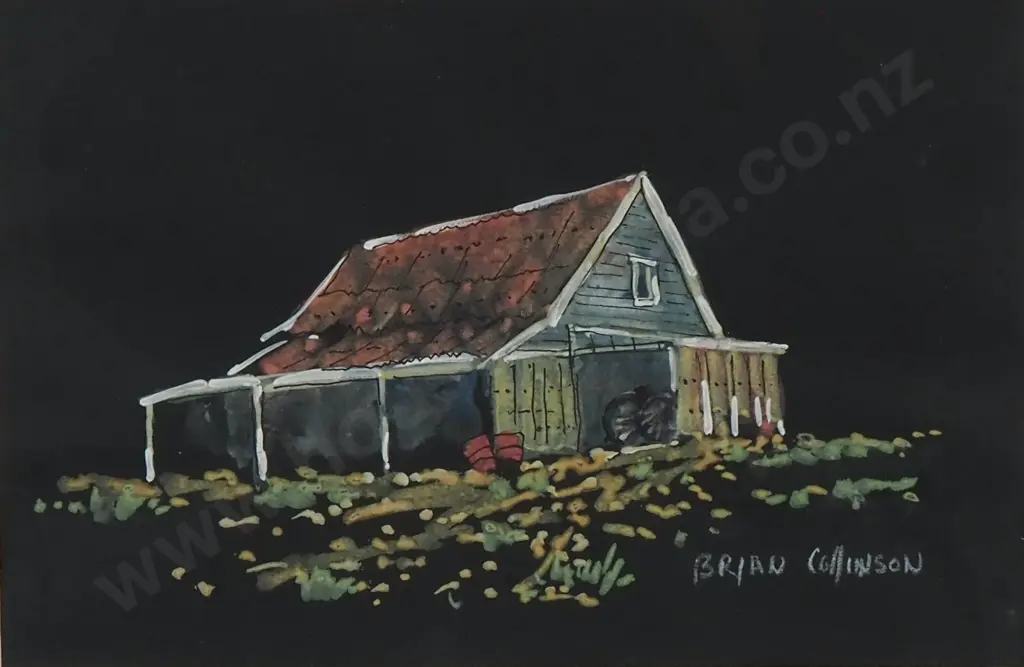 Brian Collinson - Hay Barn - Water Colour & Gouache on Black Ground - 175mm X 260mm, Signed Image 1++