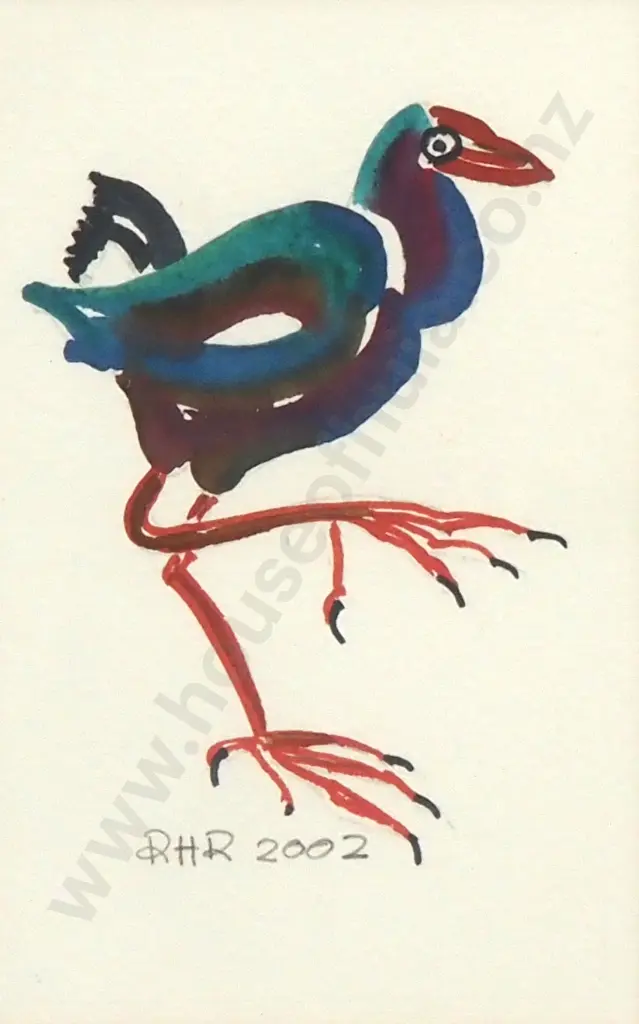 RH Reid - Pukeko (right-facing) - Water Colour - 175mm X 110mm - Signed - Dated 2002 Image 1++