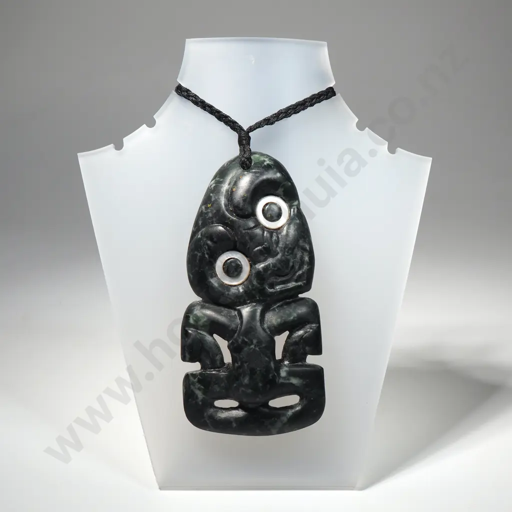 Large Finely Carved Pounamu Hei Tiki w Paua Shell Eyes Image 1++