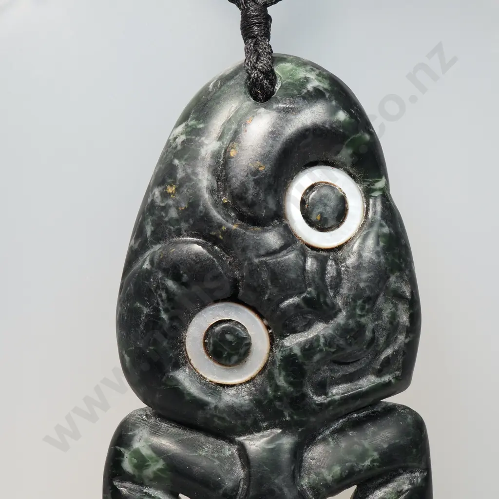 Large Finely Carved Pounamu Hei Tiki w Paua Shell Eyes Image 1++