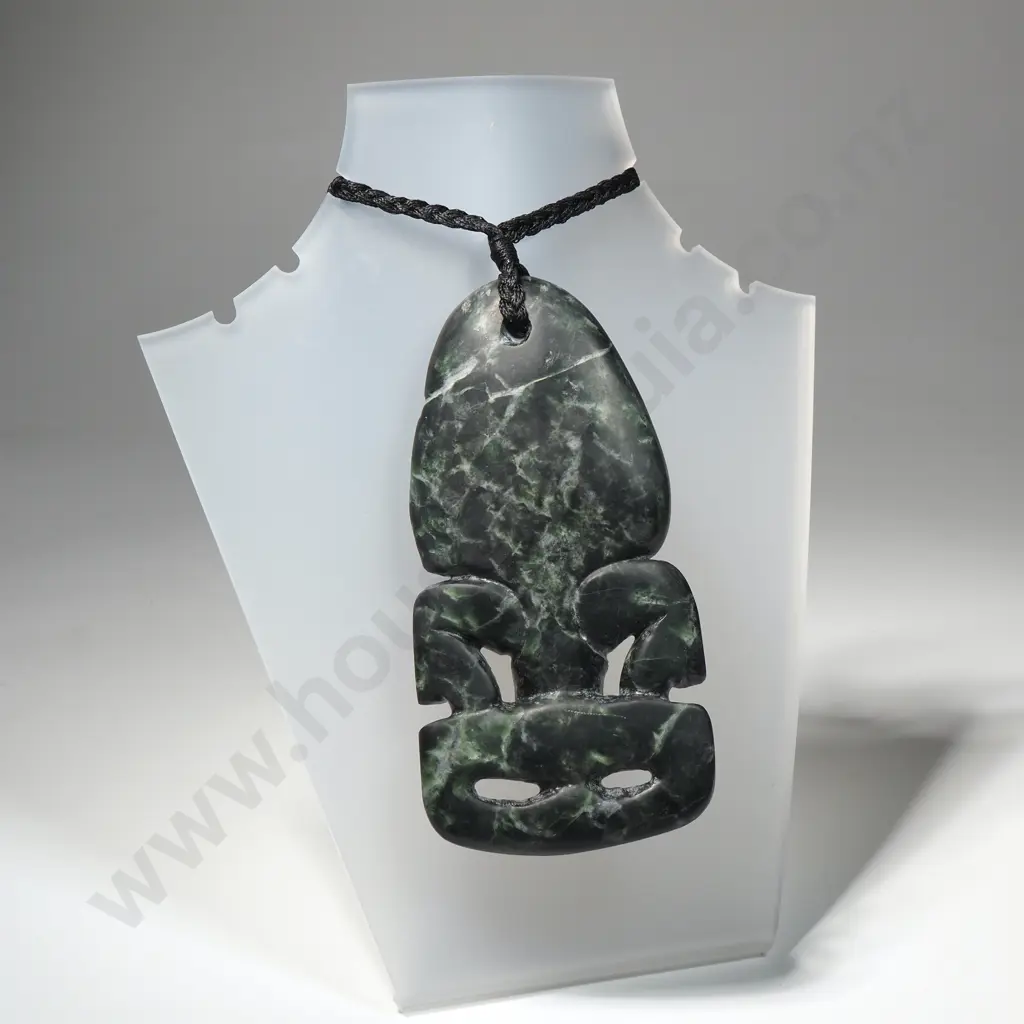 Large Finely Carved Pounamu Hei Tiki w Paua Shell Eyes Image 1++