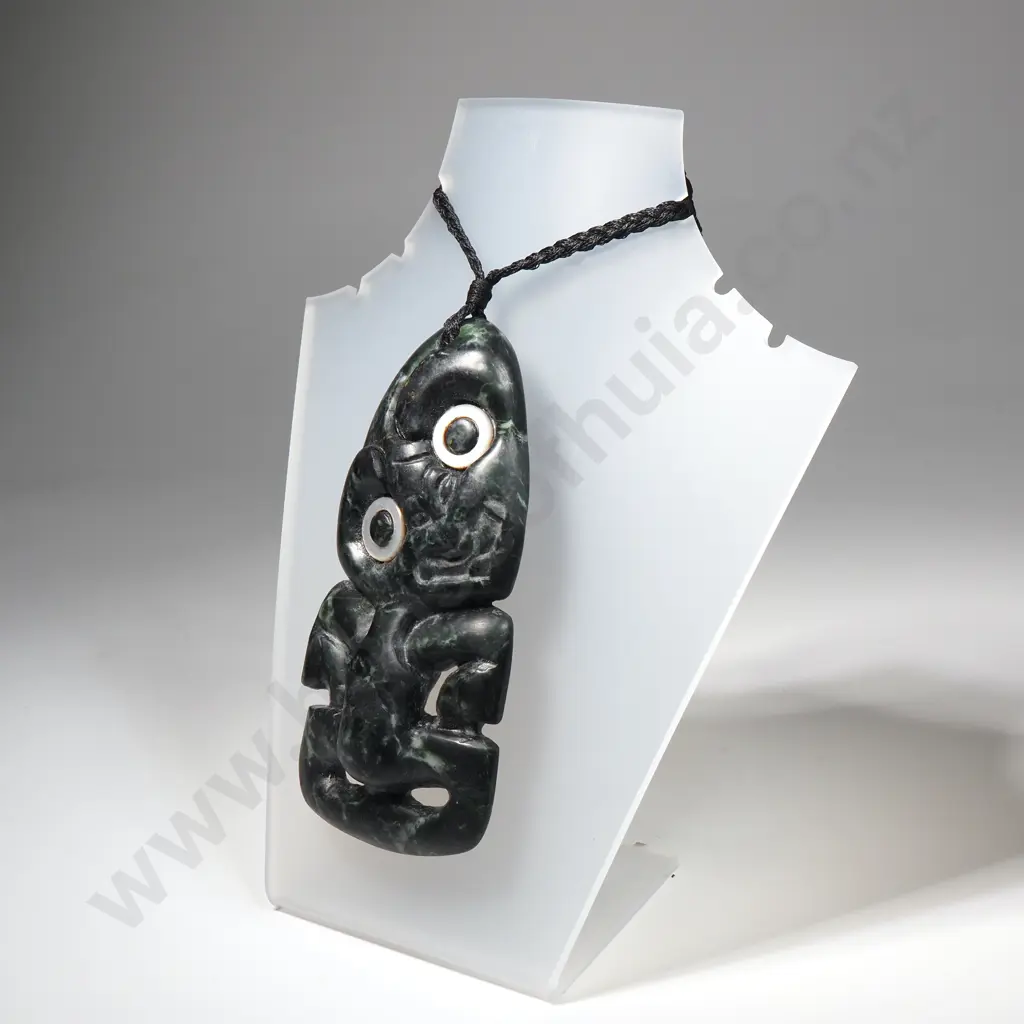 Large Finely Carved Pounamu Hei Tiki w Paua Shell Eyes Image 1++