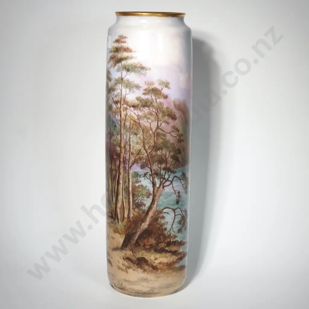Tall Cylindrical Antique T& V Limoges Vase Handpainted By Mary Amelia Makeig & Depicting Walter Peak, Lake Wakatipu Image 1++