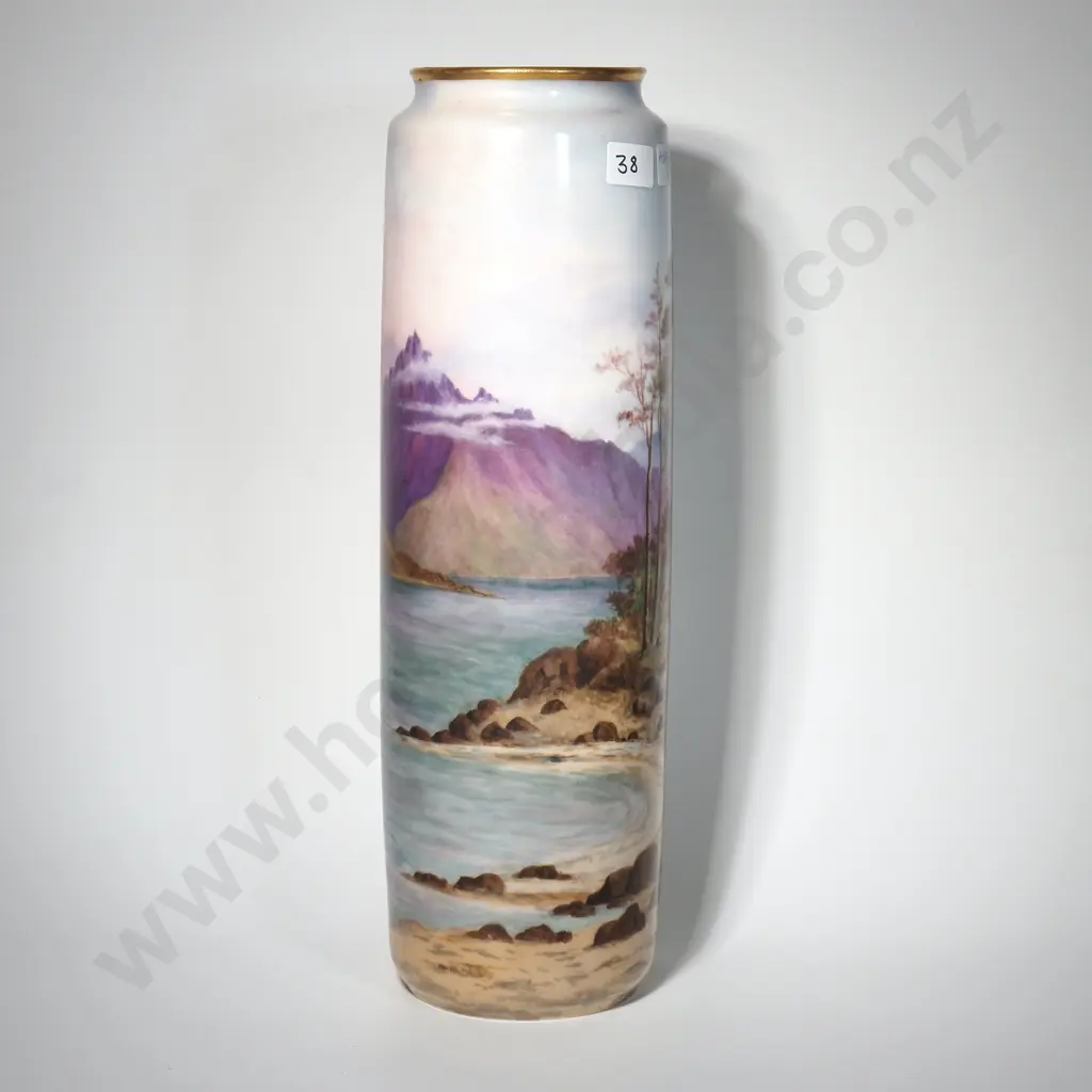 Tall Cylindrical Antique T& V Limoges Vase Handpainted By Mary Amelia Makeig & Depicting Walter Peak, Lake Wakatipu Image 1++