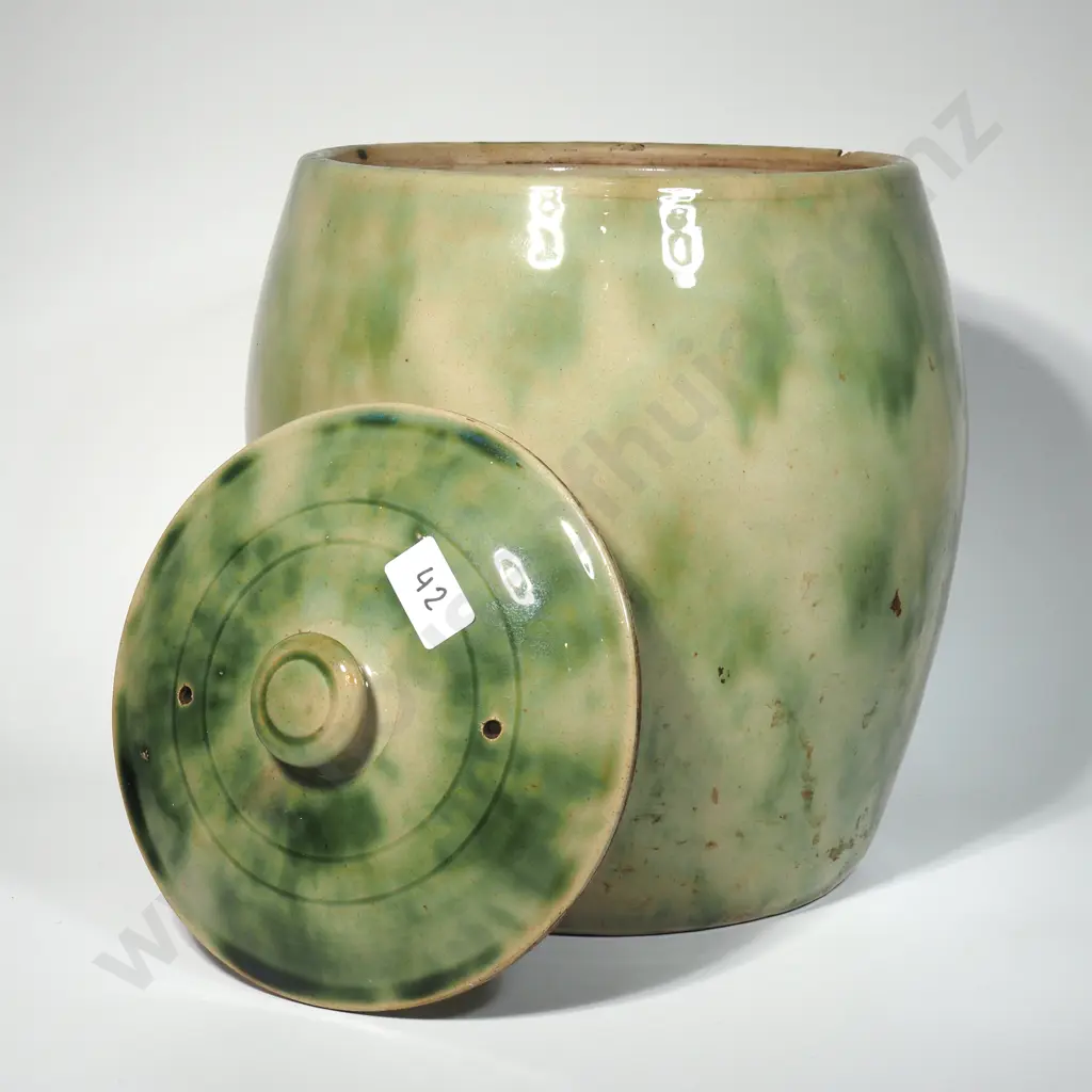 Timaru Pottery Bread Crock w Mottled Green & Cream  Glaze. Hgt 320mm Image 1++