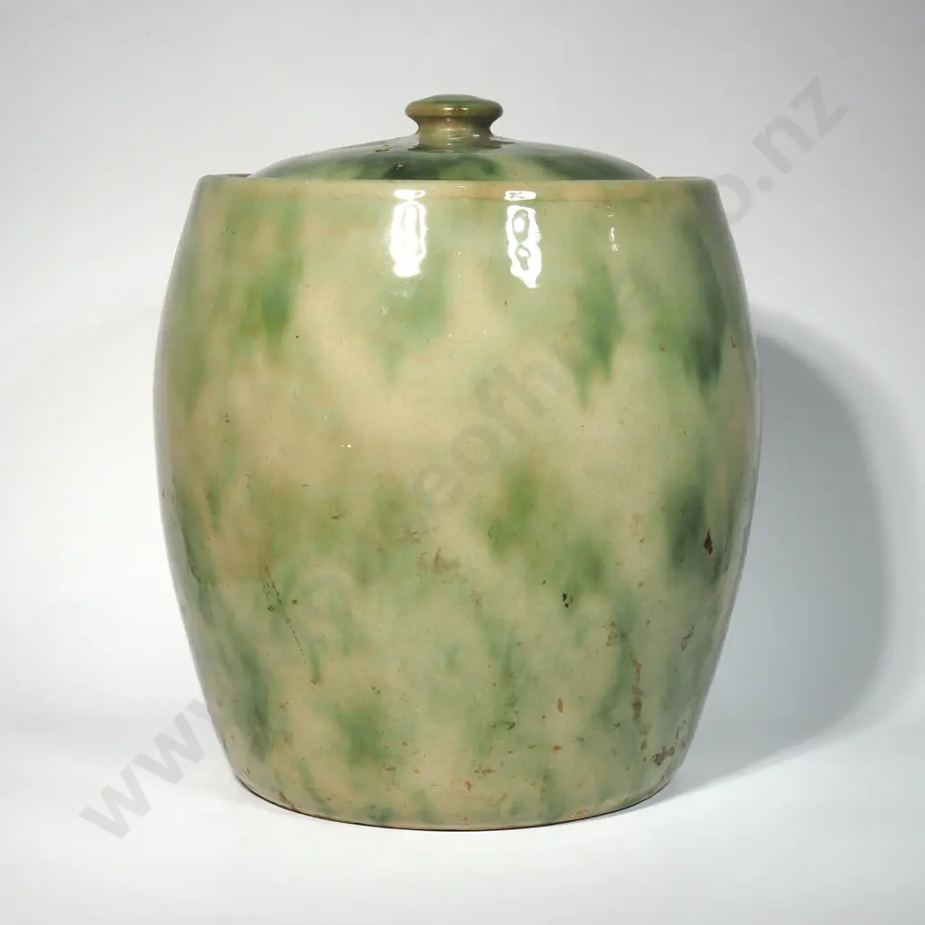 Timaru Pottery Bread Crock w Mottled Green & Cream  Glaze. Hgt 320mm Image 1++