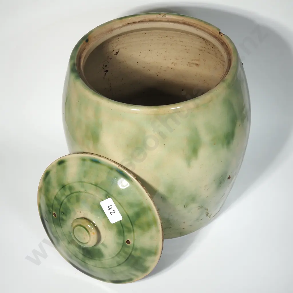 Timaru Pottery Bread Crock w Mottled Green & Cream  Glaze. Hgt 320mm Image 1++