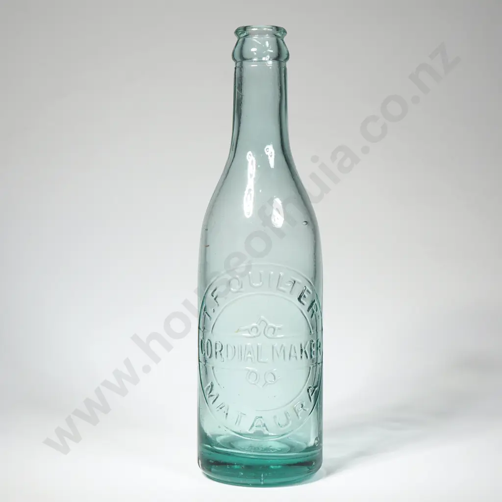 T F Quilter Antique Green Glass Bottle Bottle w Embossed Text Reading 'T F Quilter Cordial Maker Mataura' Image 1++