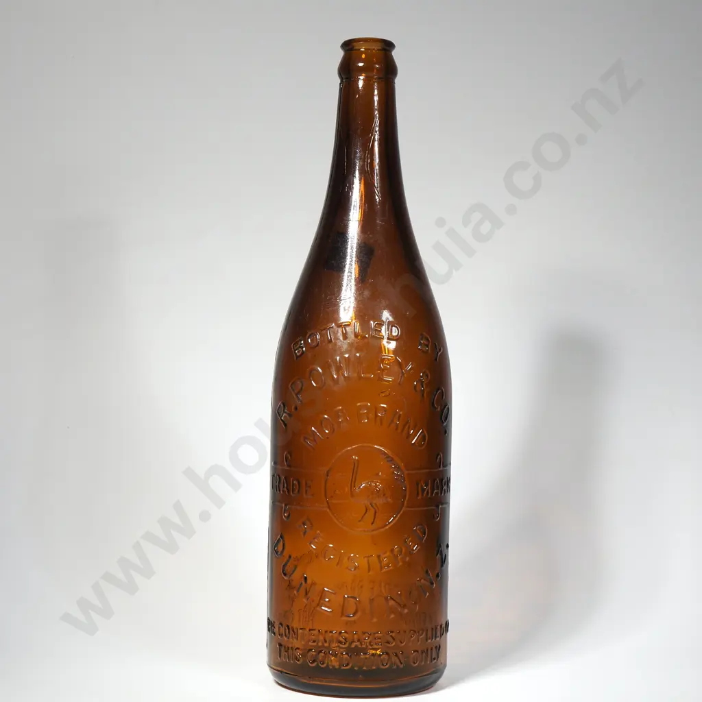 R Powley & Co Brown Glass Beer Bottle from Dunedin w Embossed Moa Mark Trademark Image 1++