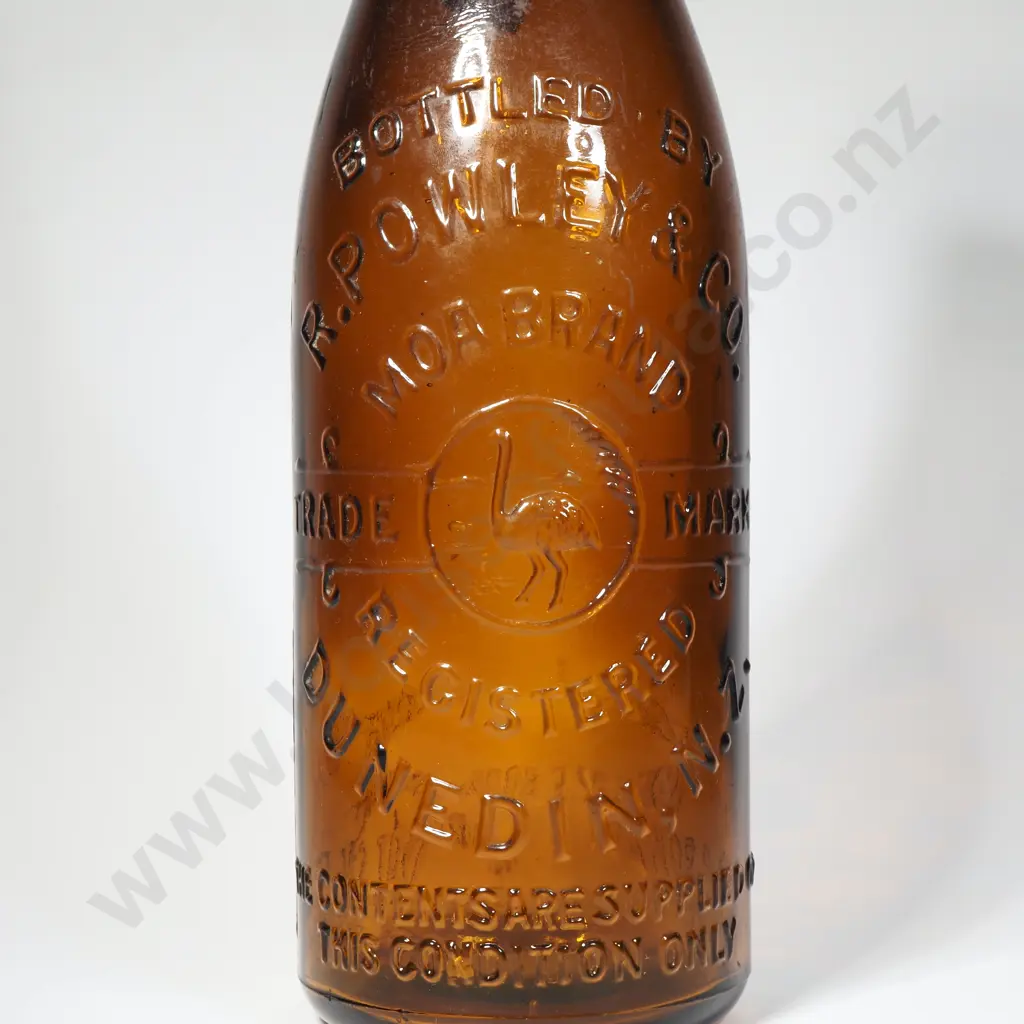R Powley & Co Brown Glass Beer Bottle from Dunedin w Embossed Moa Mark Trademark Image 1++