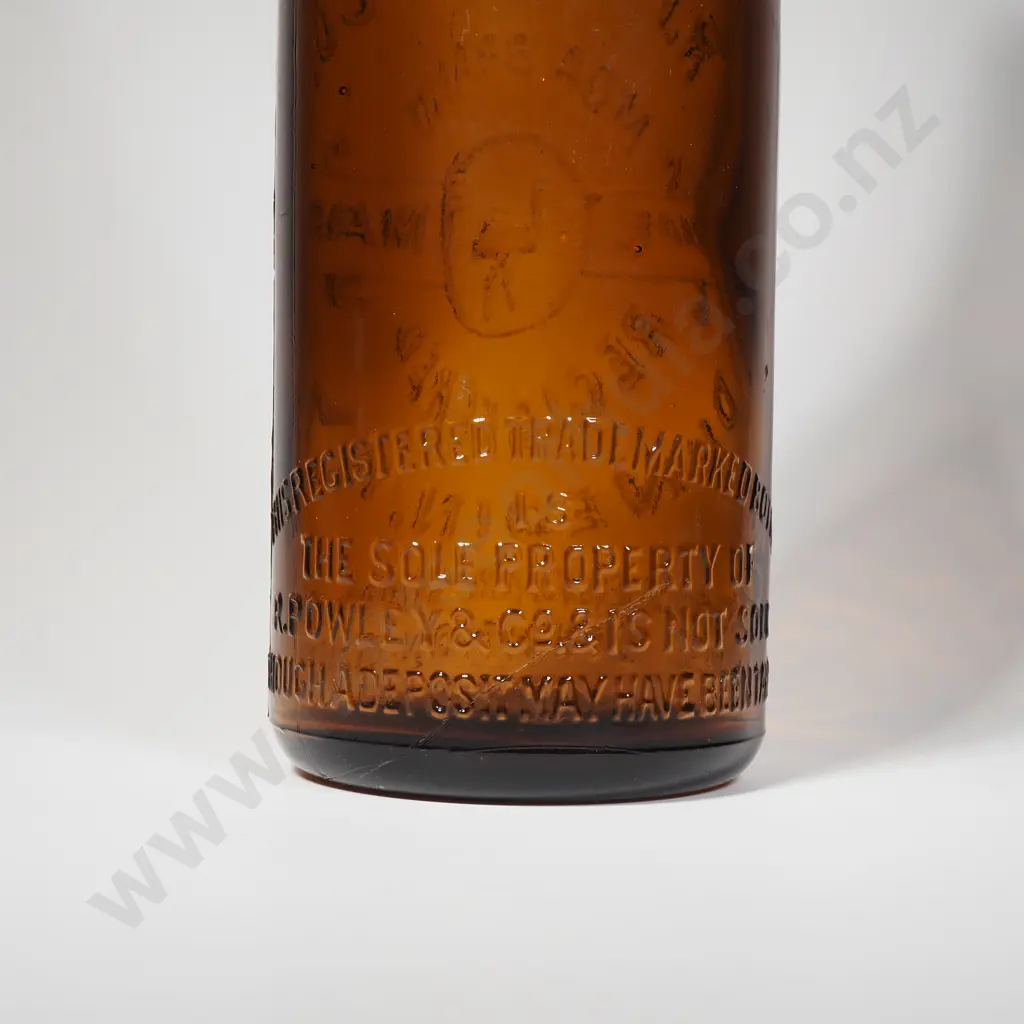 R Powley & Co Brown Glass Beer Bottle from Dunedin w Embossed Moa Mark Trademark Image 1++