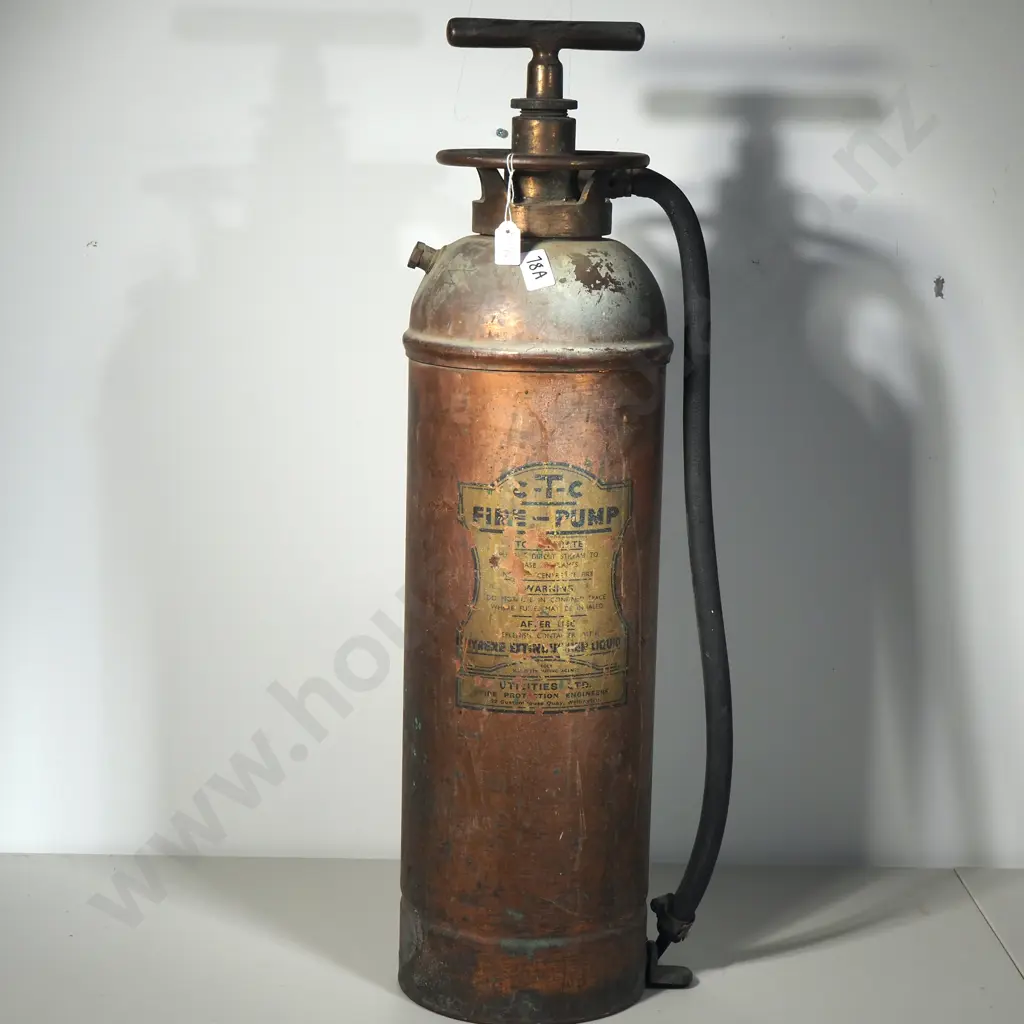 Vintage Copper & Brass Fire Extinguisher from Utilities Ltd. Wellington Image 1++