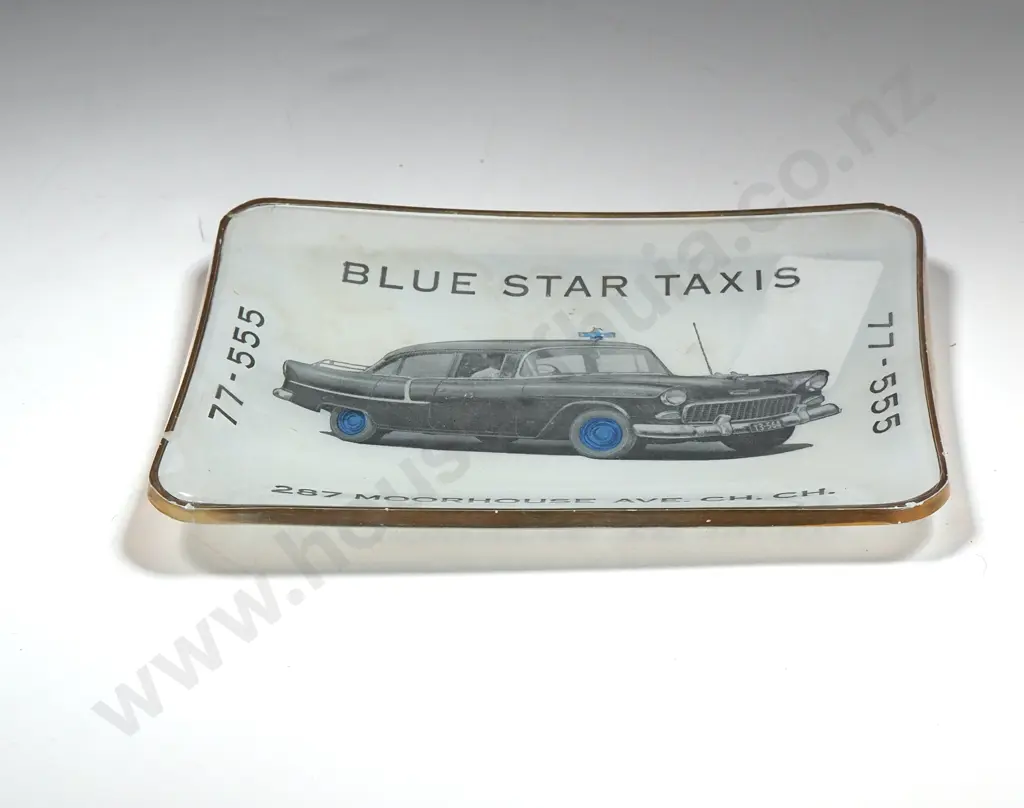 Vintage Glass  Blue Star Taxis Ashtray  77-555  Image 1++