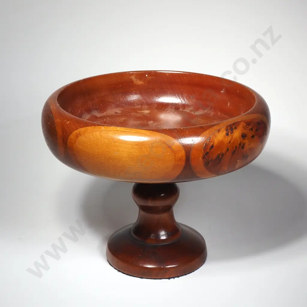 Wooden Inlaid Bowl on Stand With Oval Inlays in Various NZ Timbers Image 1++