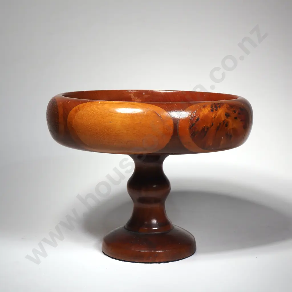 Wooden Inlaid Bowl on Stand With Oval Inlays in Various NZ Timbers Image 1++