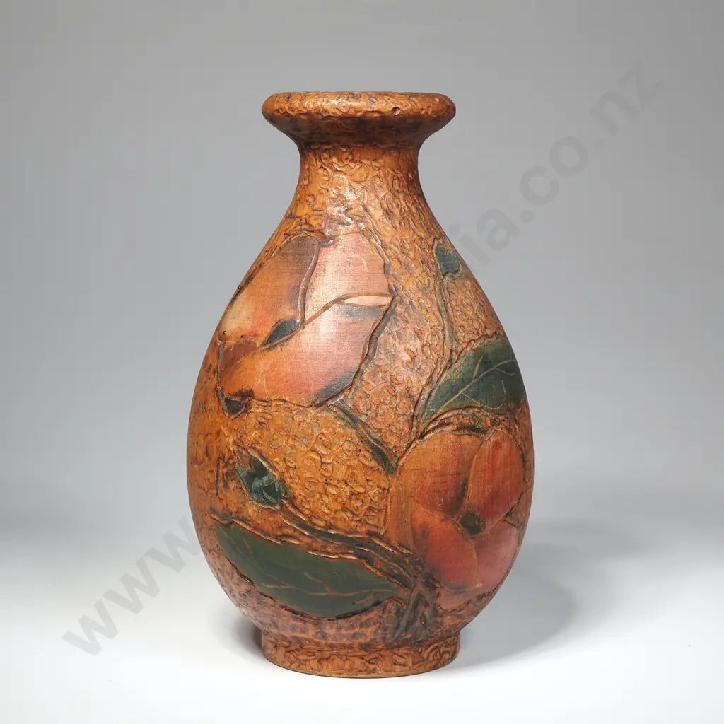 Folk Art Poker Work Vase with Floral Motifs Image 1++