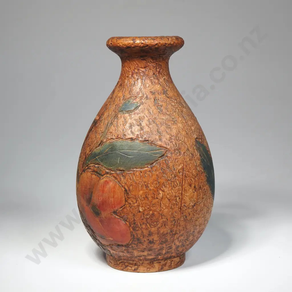Folk Art Poker Work Vase with Floral Motifs Image 1++