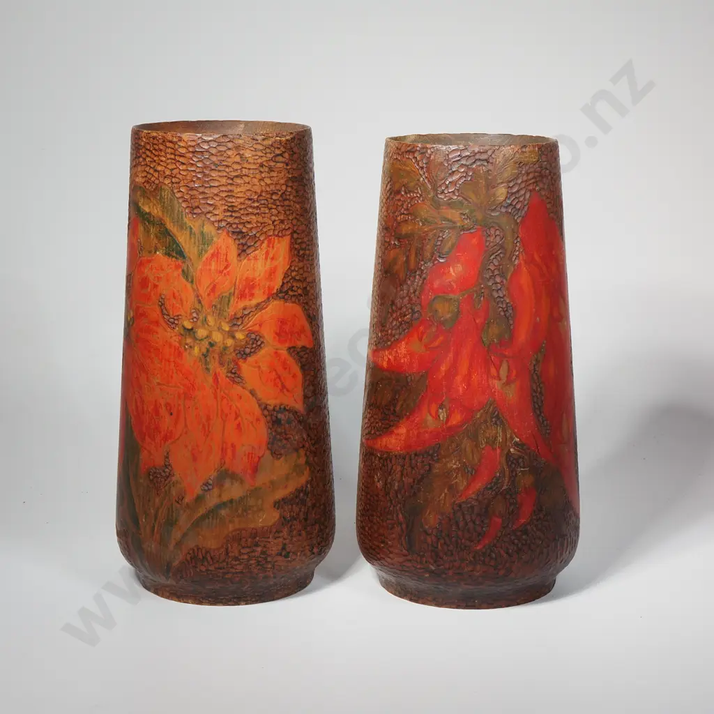 Vintage Timber Poker Ware Vase Featuring Pohutukawa Image 1++