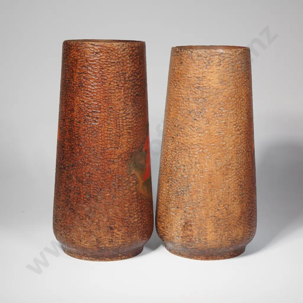 Vintage Timber Poker Ware Vase Featuring Pohutukawa Image 1++