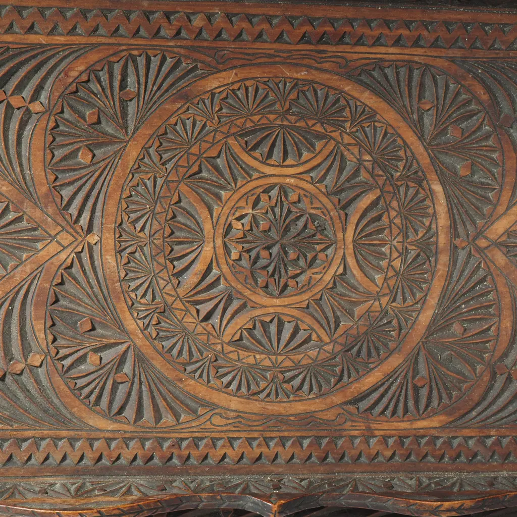 Vintage Kauri Chip Carved Double Handled Serving Tray Featuring Floral & Geometric Shapes Image 1++