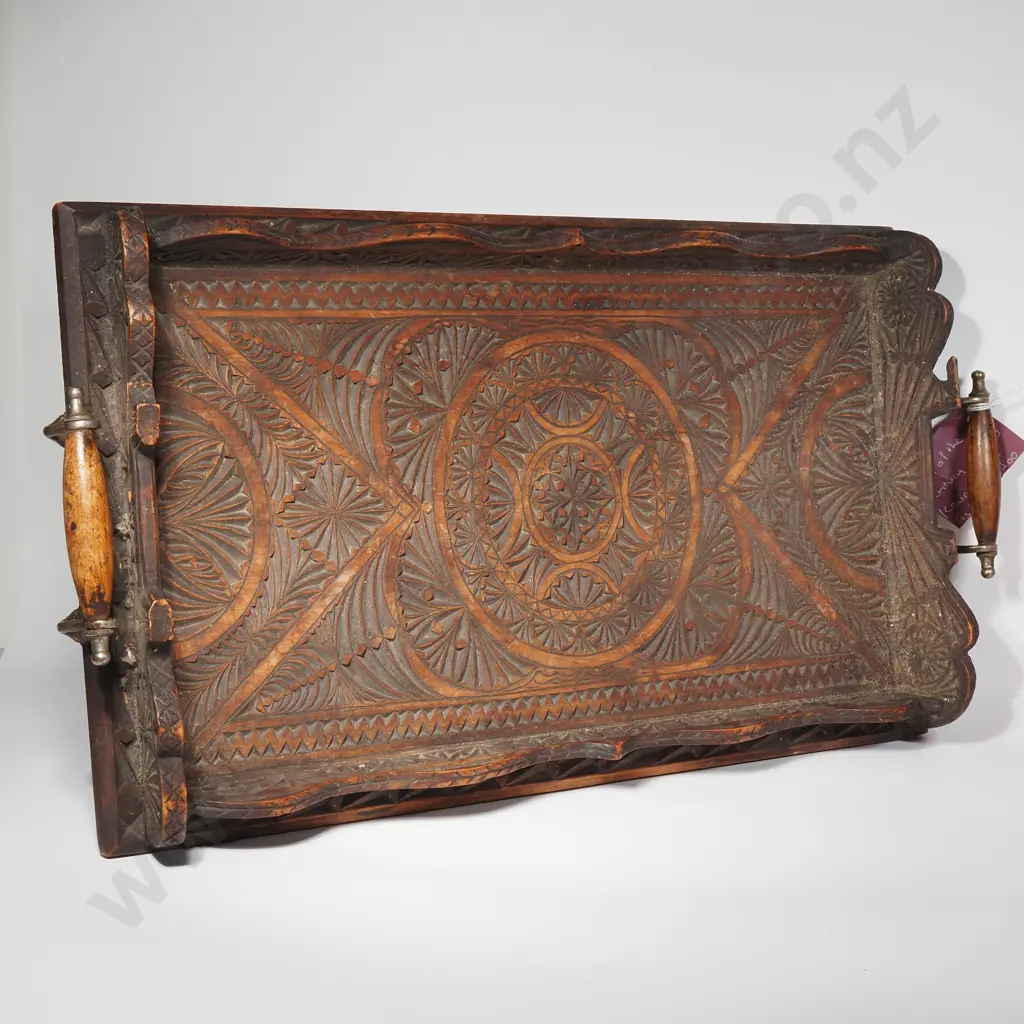 Vintage Kauri Chip Carved Double Handled Serving Tray Featuring Floral & Geometric Shapes Image 1++
