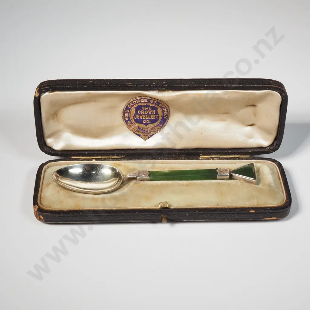 Impressive Sterling Silver Greenstone Spoon in Period Sydney Jewellers Box Image 1++