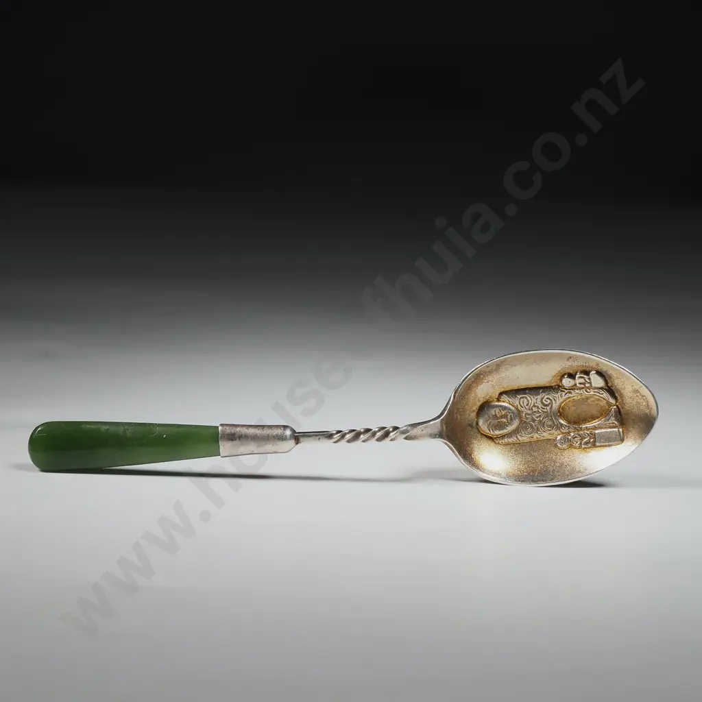 Sterling Silver Greenstone Handled Teaspoon with Tiki Ohinemutu gateway in bowl- JS&S and English Marks Image 1++