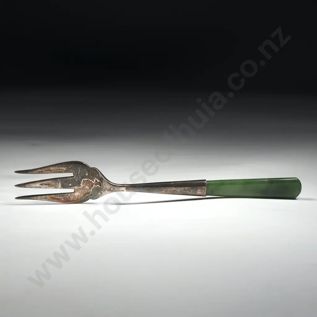 Sterling Silver Greenstone Handled Picklefork marked JS&S Image 1++