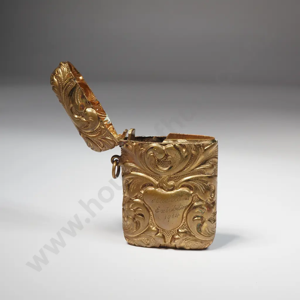 Fold Plated Vesta or Match Safe Decorated w Embossed Scrolls Inscribed 'Auckland Exhibition' 1914 Image 1++