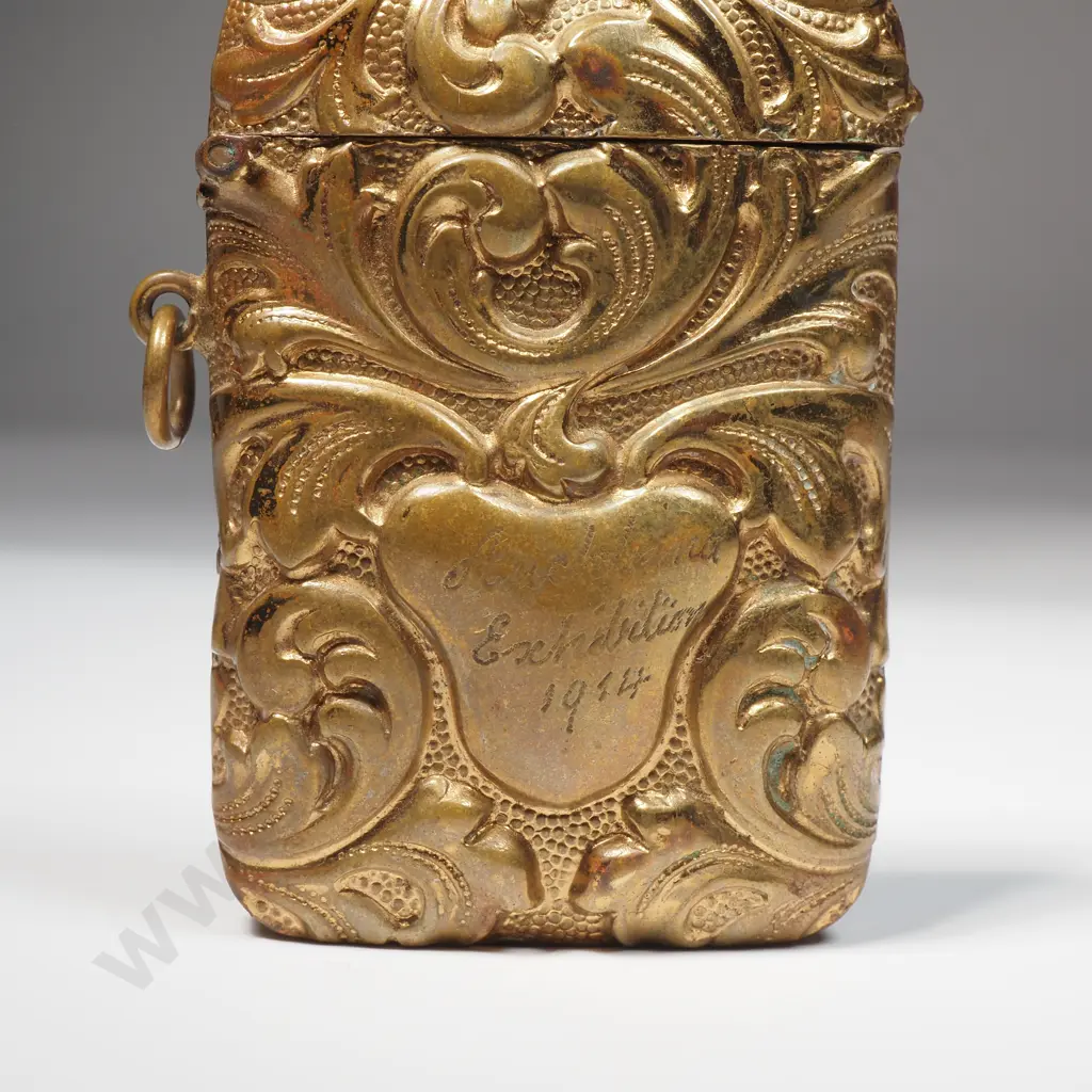 Fold Plated Vesta or Match Safe Decorated w Embossed Scrolls Inscribed 'Auckland Exhibition' 1914 Image 1++