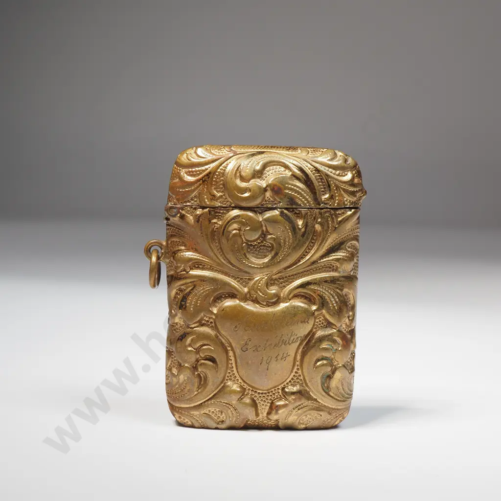 Fold Plated Vesta or Match Safe Decorated w Embossed Scrolls Inscribed 'Auckland Exhibition' 1914 Image 1++