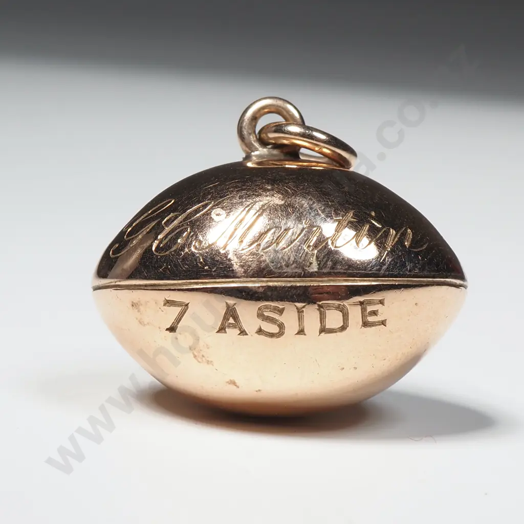 1897 Dated New Zealand Rugby Ball Pendant "7 Aside" G. C Martin Image 1++