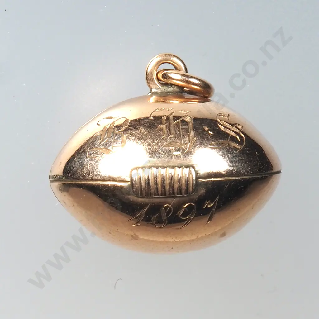 1897 Dated New Zealand Rugby Ball Pendant "7 Aside" G. C Martin Image 1++