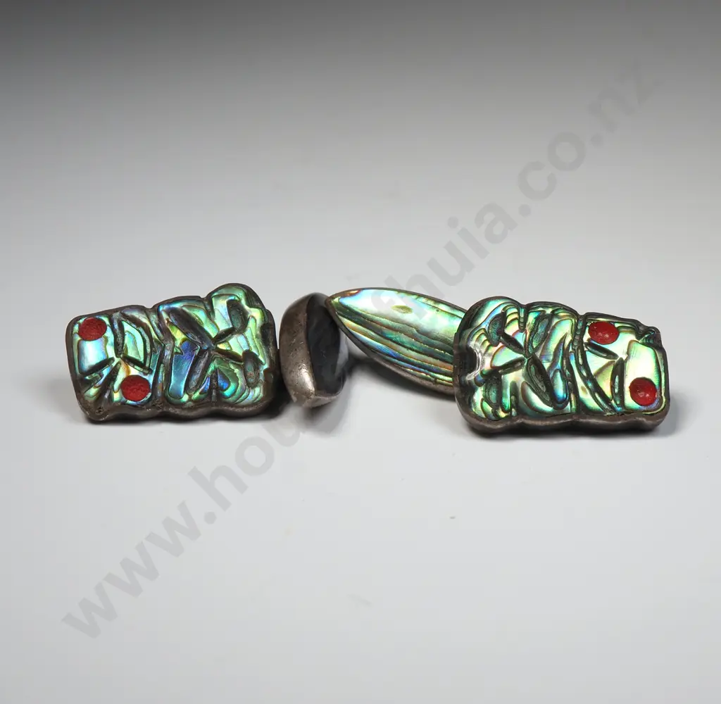 Vintage Sterling Silver & Paua Shell Tiki Cufflinks Image 1++