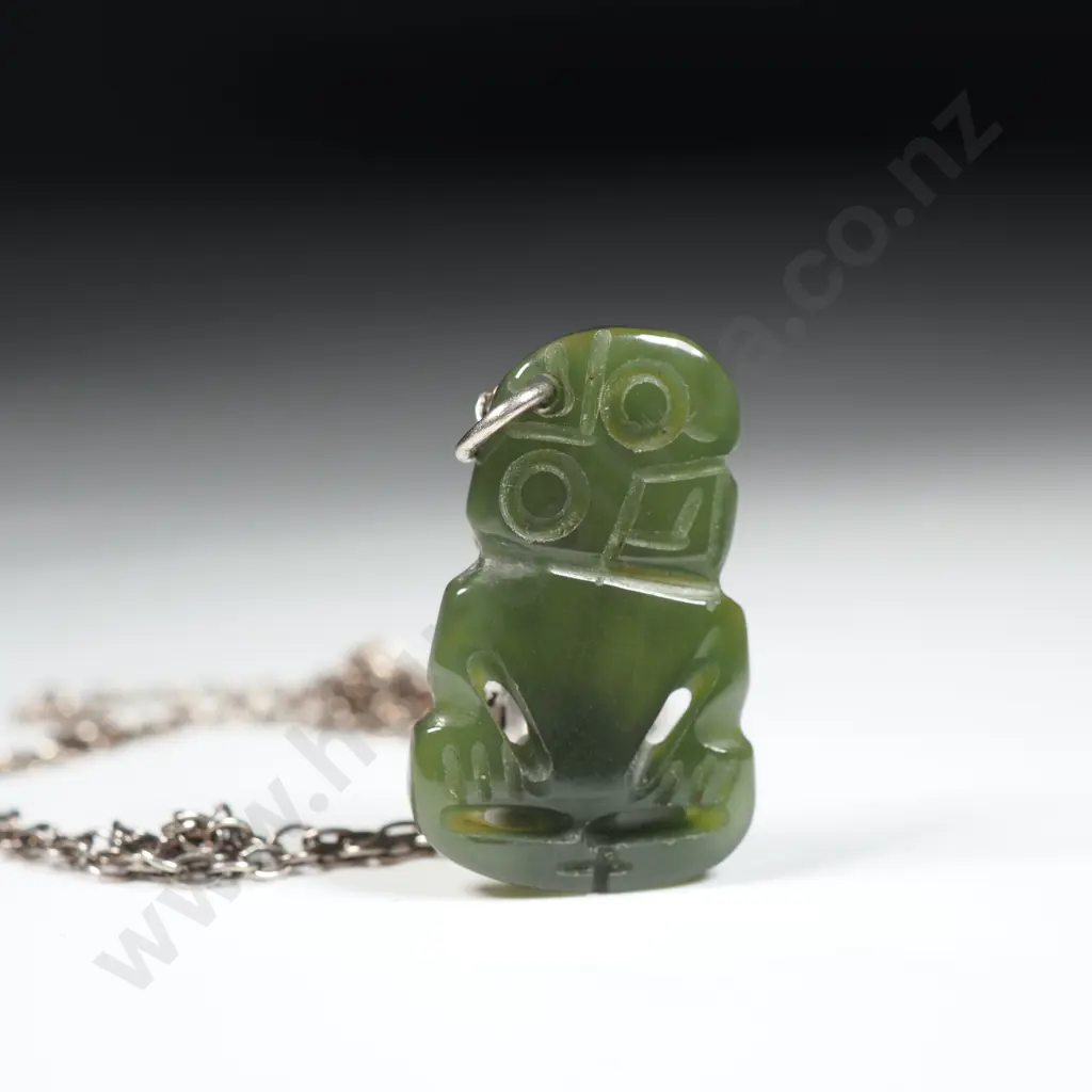 Small Greenstone Tiki w Silver Plate Chain. Image 1++