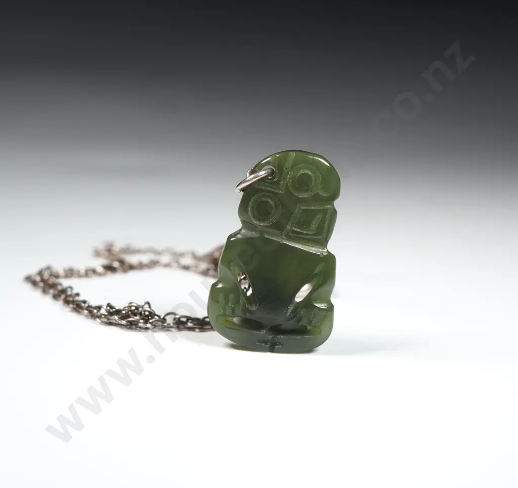 Small Greenstone Tiki w Silver Plate Chain. Image 1++