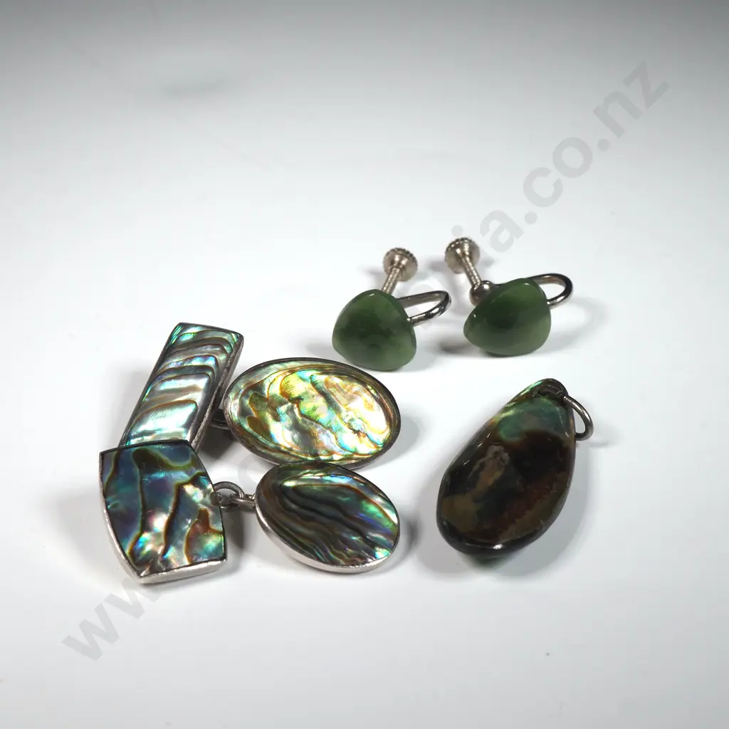 Paua Shell Pendant,  a Pair of Greenstone Earrings, a Pair of Unmatched Cufflinks (one Marked Sterling Sliver). Image 1++