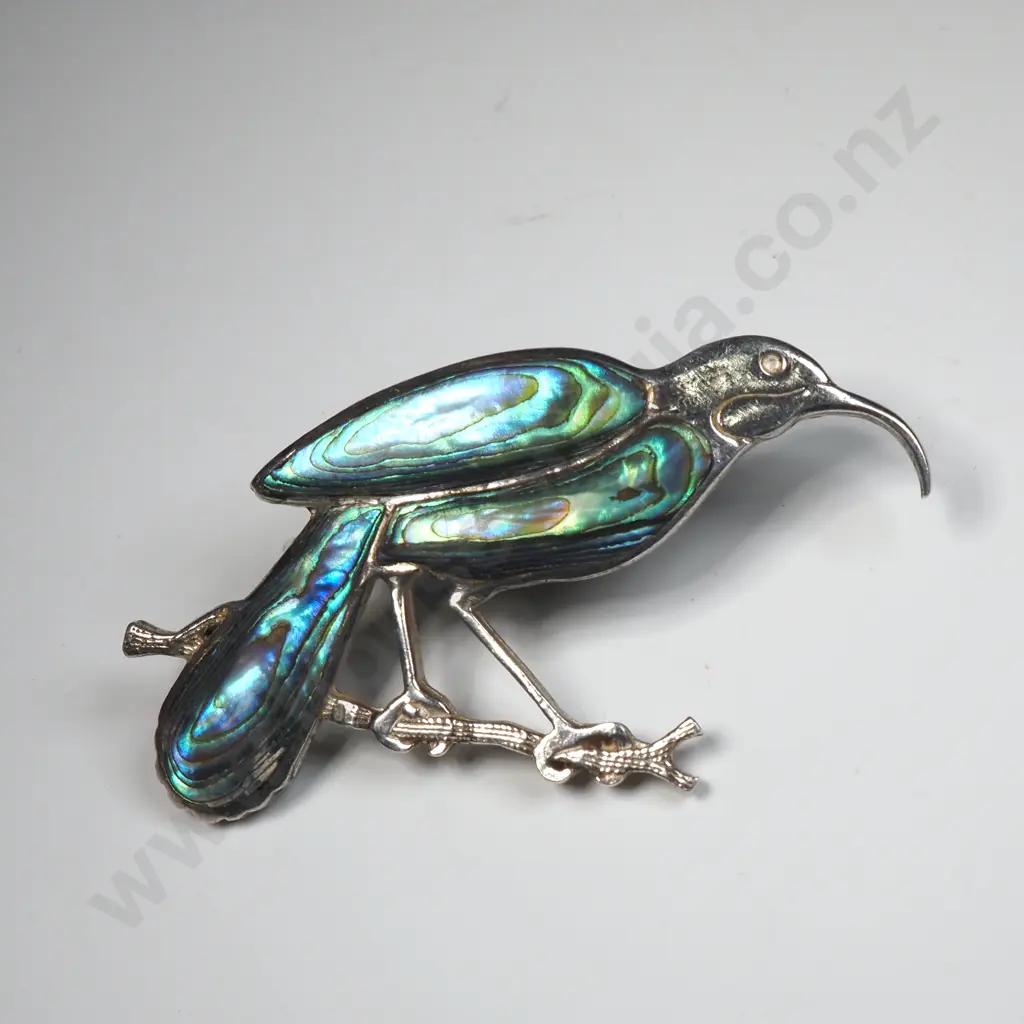 Vintage New Zealand Sterling Silver & Paua Huia Brooch Image 1++